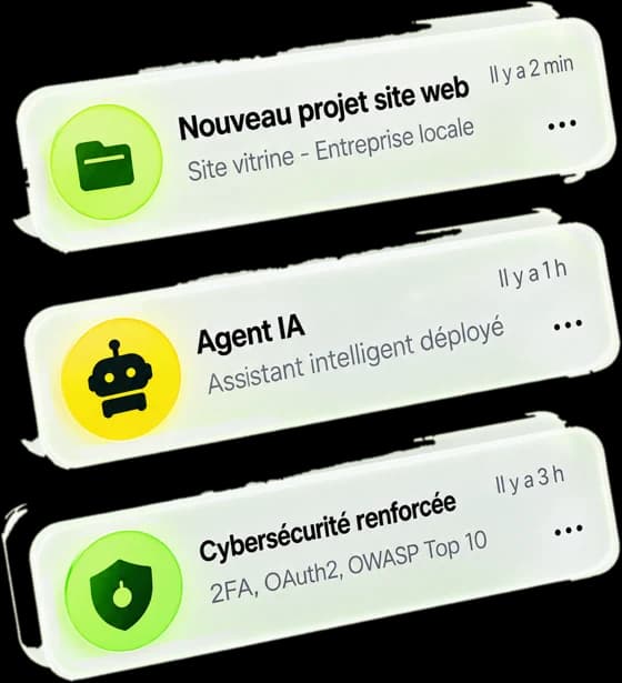 Notifications : nouveau projet de site web, agent IA déployé, cybersécurité renforcée