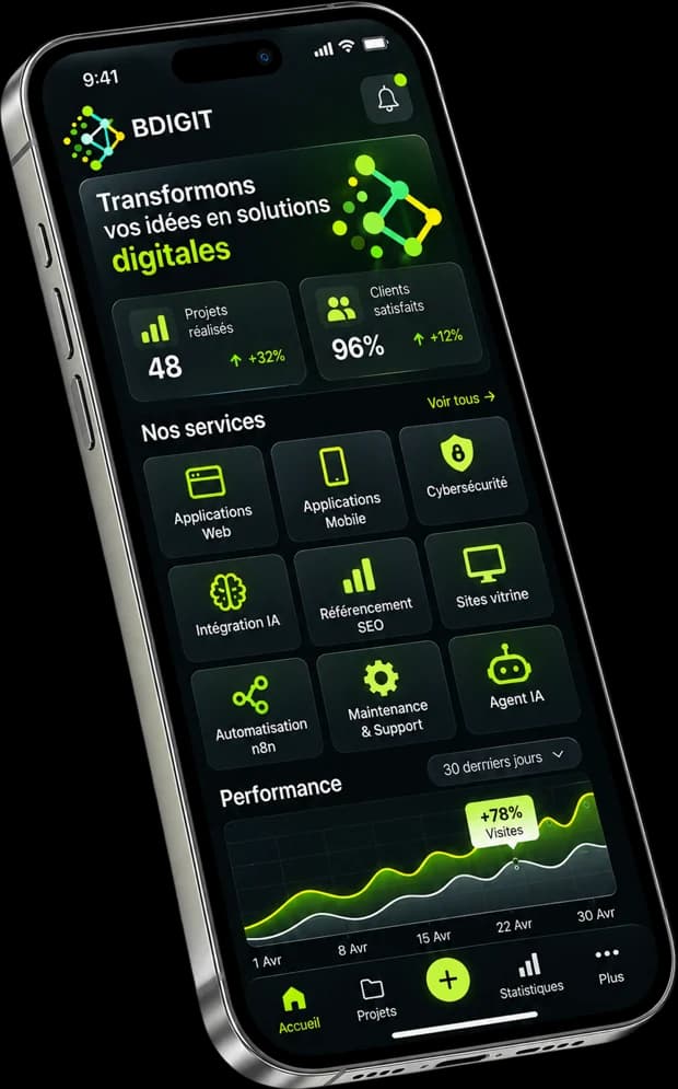 Application Belvedere Digit sur téléphone avec ses services et ses statistiques