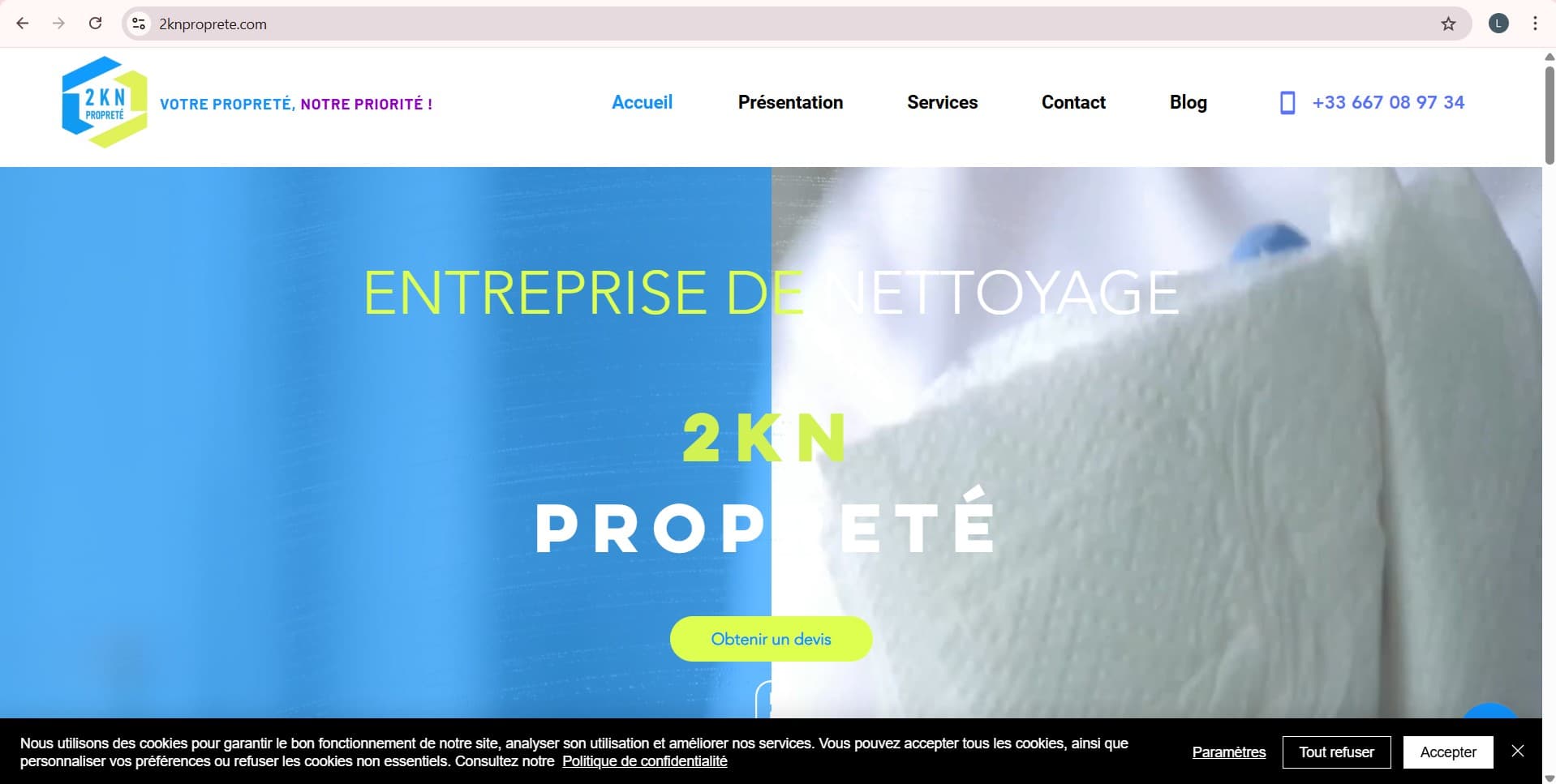 Page d’accueil du site 2KN Propreté